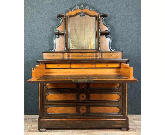 Commode Secrétaire A Psyché époque Napoléon III En Marquèterie De Palissandre Et Bois Clair