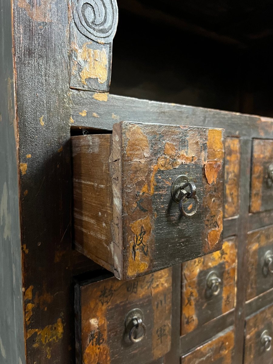 19th Century China: Rare Apothecary Furniture In Calligraphed Polychrome Wood  -photo-4