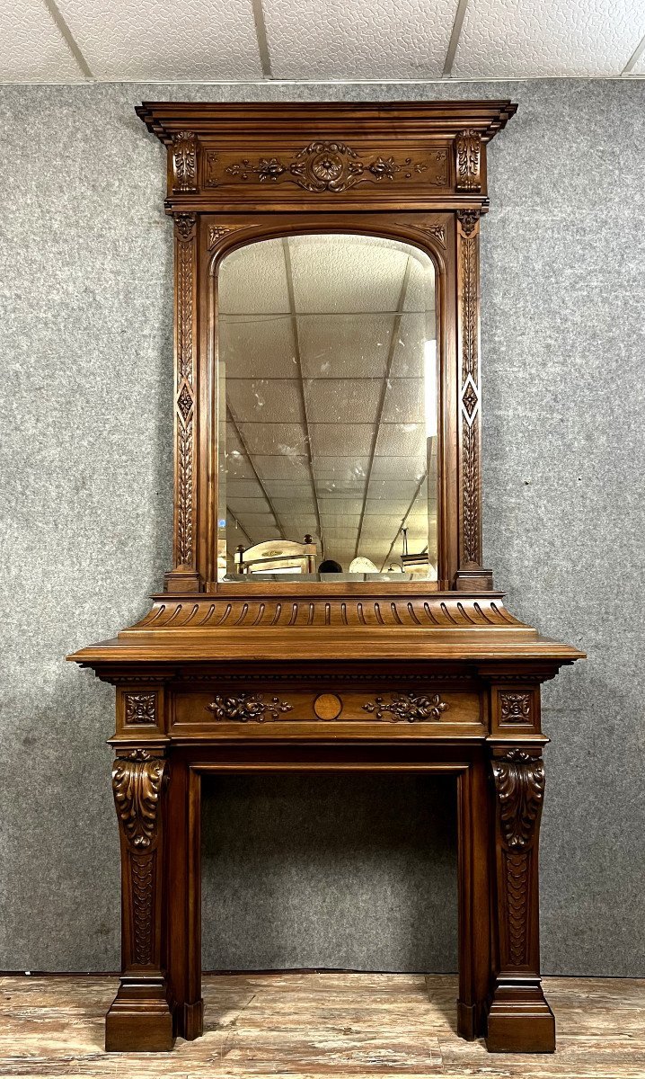 Monumental Fireplace And Its Gothic Renaissance Style Mirror In Solid Walnut -photo-1