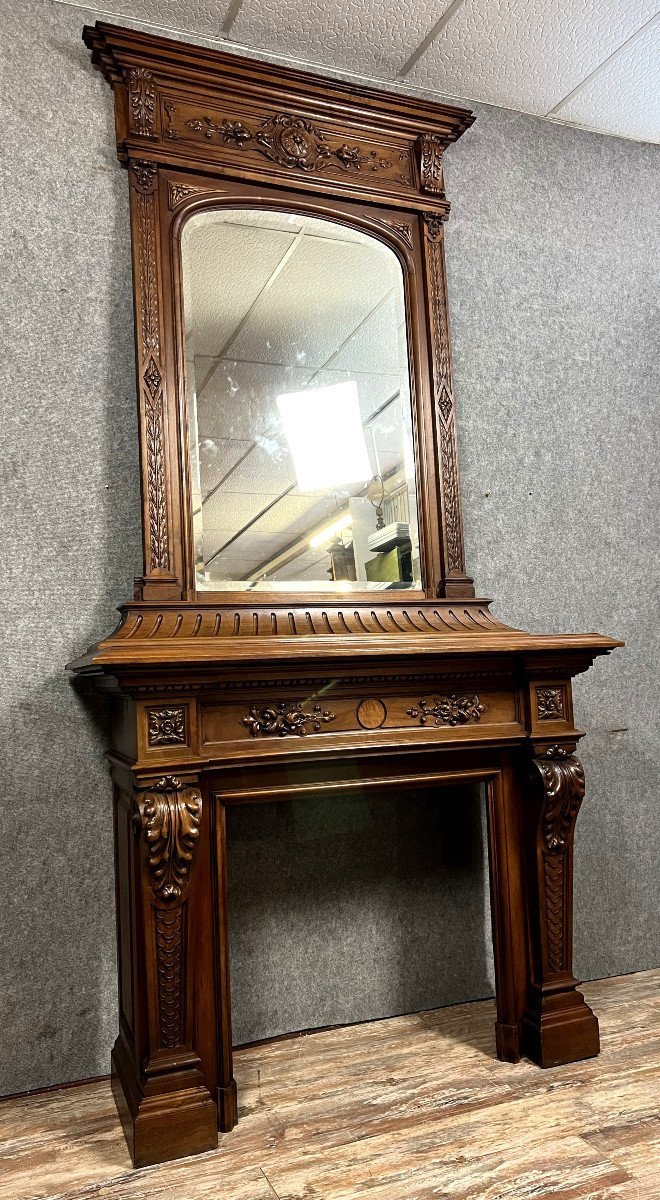 Monumental Fireplace And Its Gothic Renaissance Style Mirror In Solid Walnut -photo-2