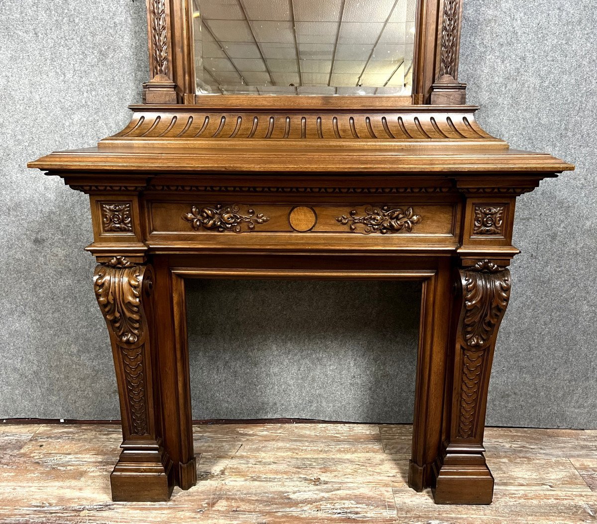 Monumental Fireplace And Its Gothic Renaissance Style Mirror In Solid Walnut -photo-3