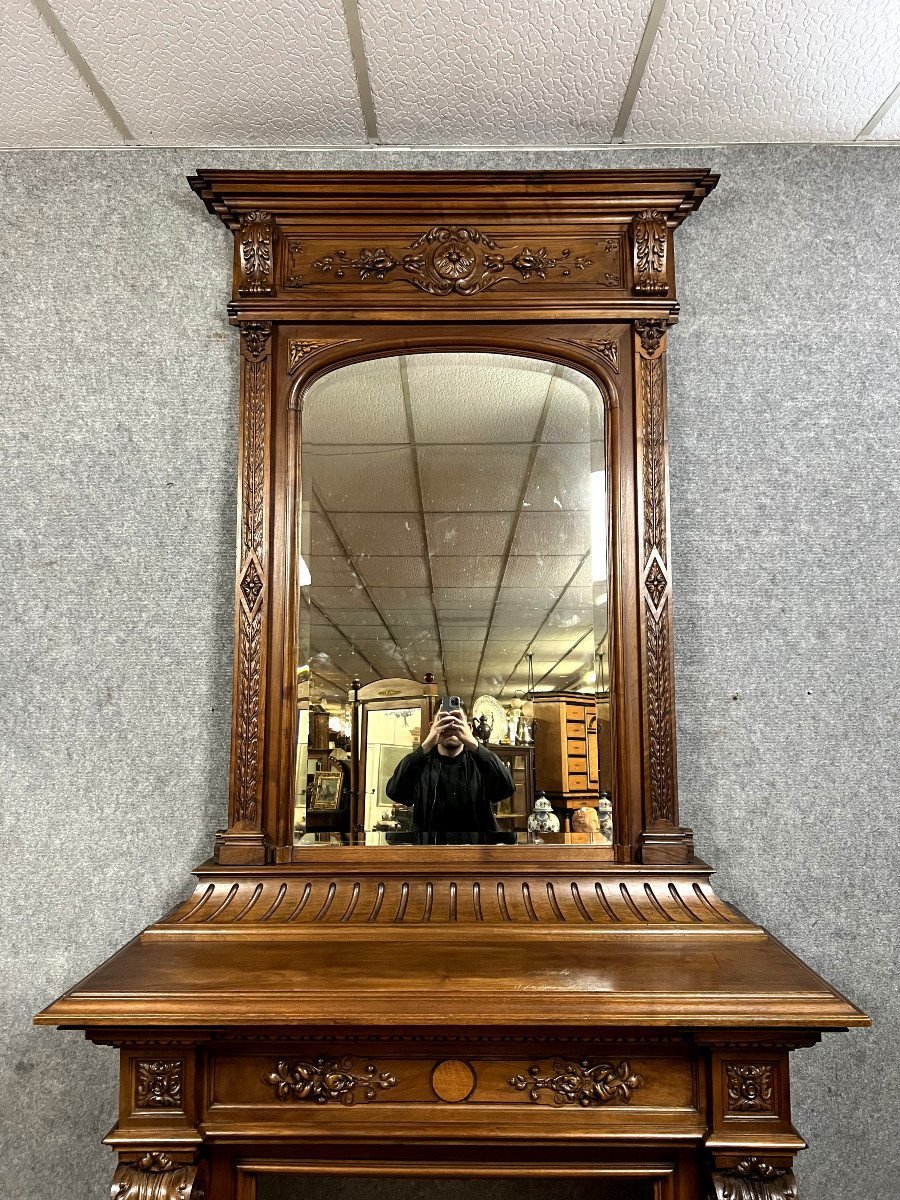 Monumental Fireplace And Its Gothic Renaissance Style Mirror In Solid Walnut -photo-4