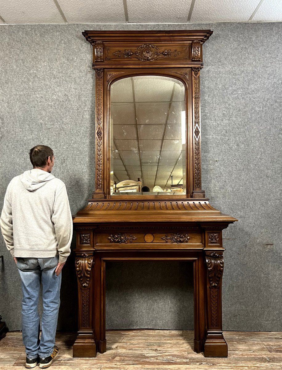 Monumental Fireplace And Its Gothic Renaissance Style Mirror In Solid Walnut 