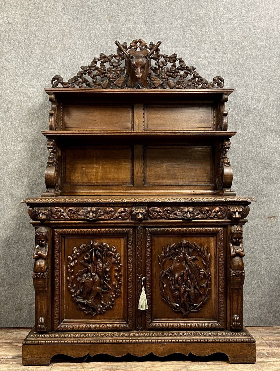 Renaissance Style Hunting Lodge Buffet In Carved Oak 