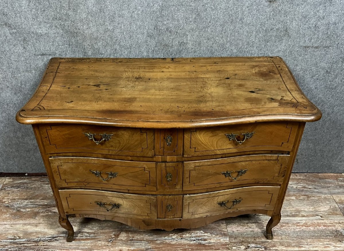 Curved Louis XV Period Commode In Elm And Marquetry Fillets -photo-1