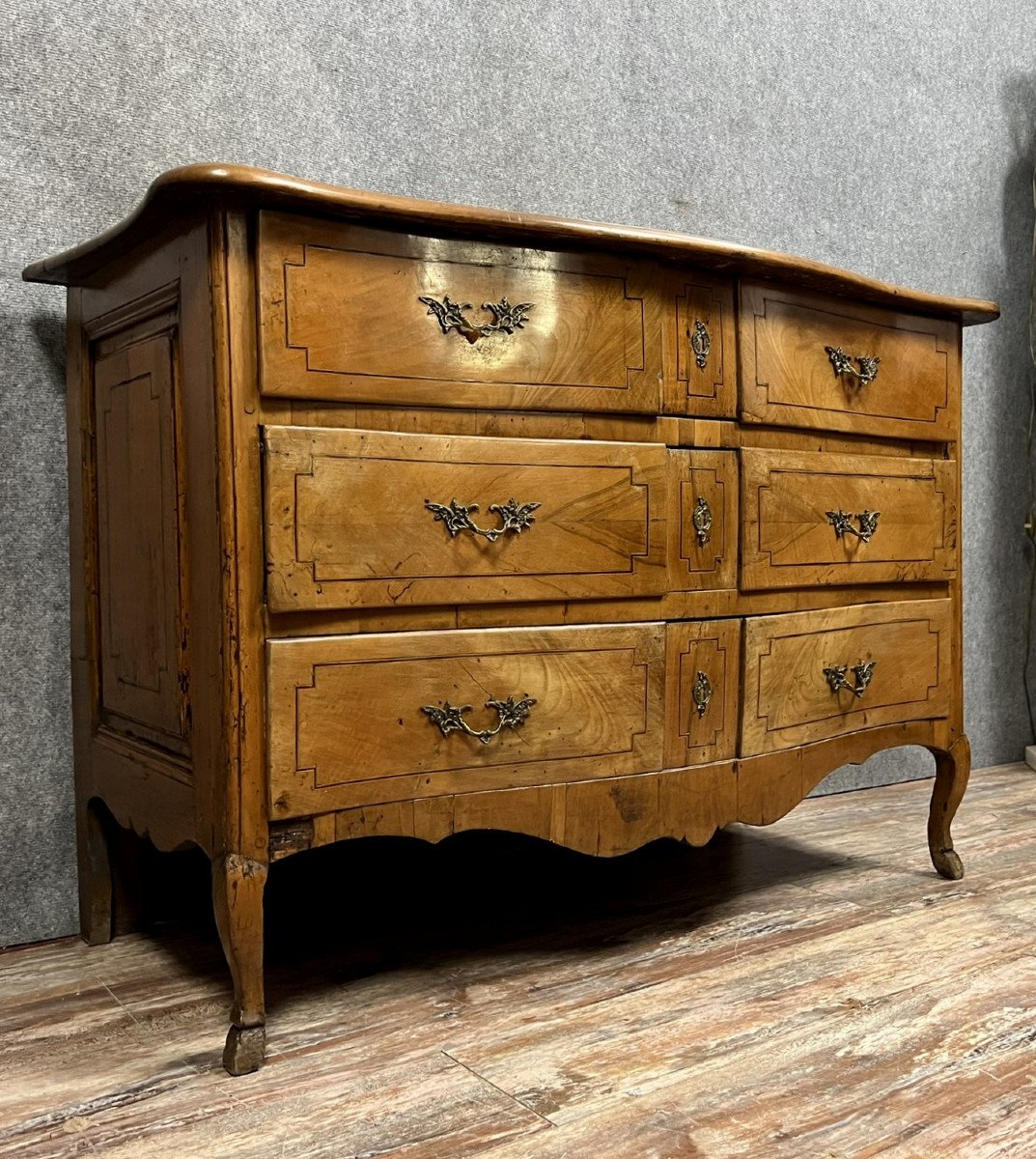 Curved Louis XV Period Commode In Elm And Marquetry Fillets -photo-2