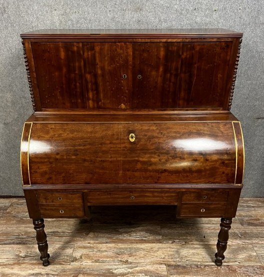 Important Louis Philippe Period Cylinder Desk / Restoration In Speckled Mahogany -photo-1