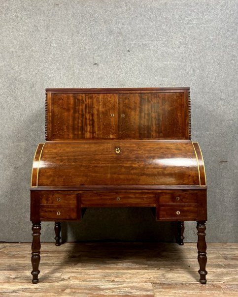 Important Louis Philippe Period Cylinder Desk / Restoration In Speckled Mahogany -photo-2