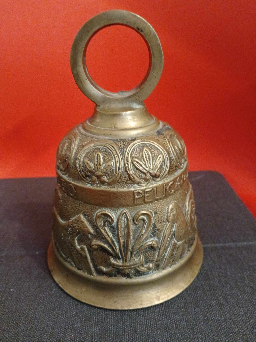 Display Case Items: 1 Gilt Bronze Monastery Bell And 1 Patinated Bronze Table Bell-photo-3