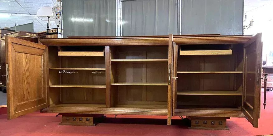 Important Art Deco Period Sideboard In Oak And Red Lacquer -photo-1