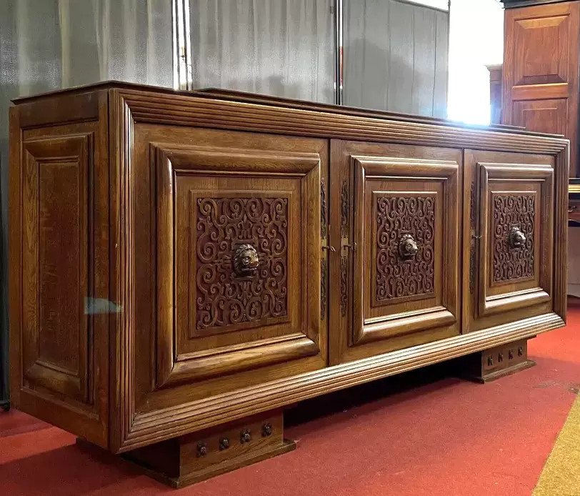 Important Art Deco Period Sideboard In Oak And Red Lacquer -photo-2