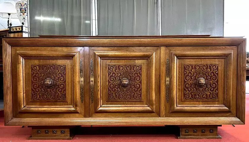 Important Art Deco Period Sideboard In Oak And Red Lacquer -photo-4