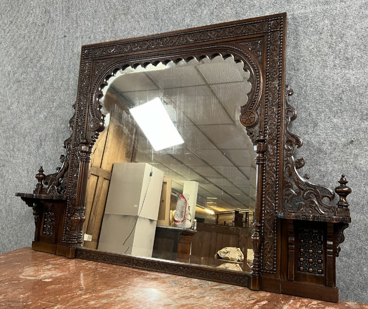 Syrie XIXe : Grand Miroir A Consoles En Bois Sculpté d'Arches Et Motifs Géométriques  -photo-2