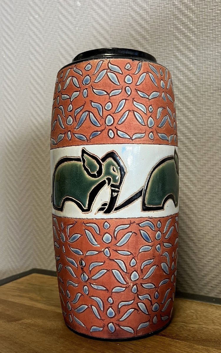 Céramique Du Sud De La France : Vase Aux éléphants époque Art Nouveau -photo-3