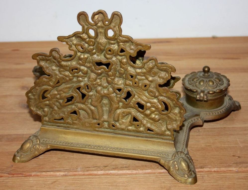 Large Antique Bronze Brass Inkwell Letter Holder With Cherubs -photo-1