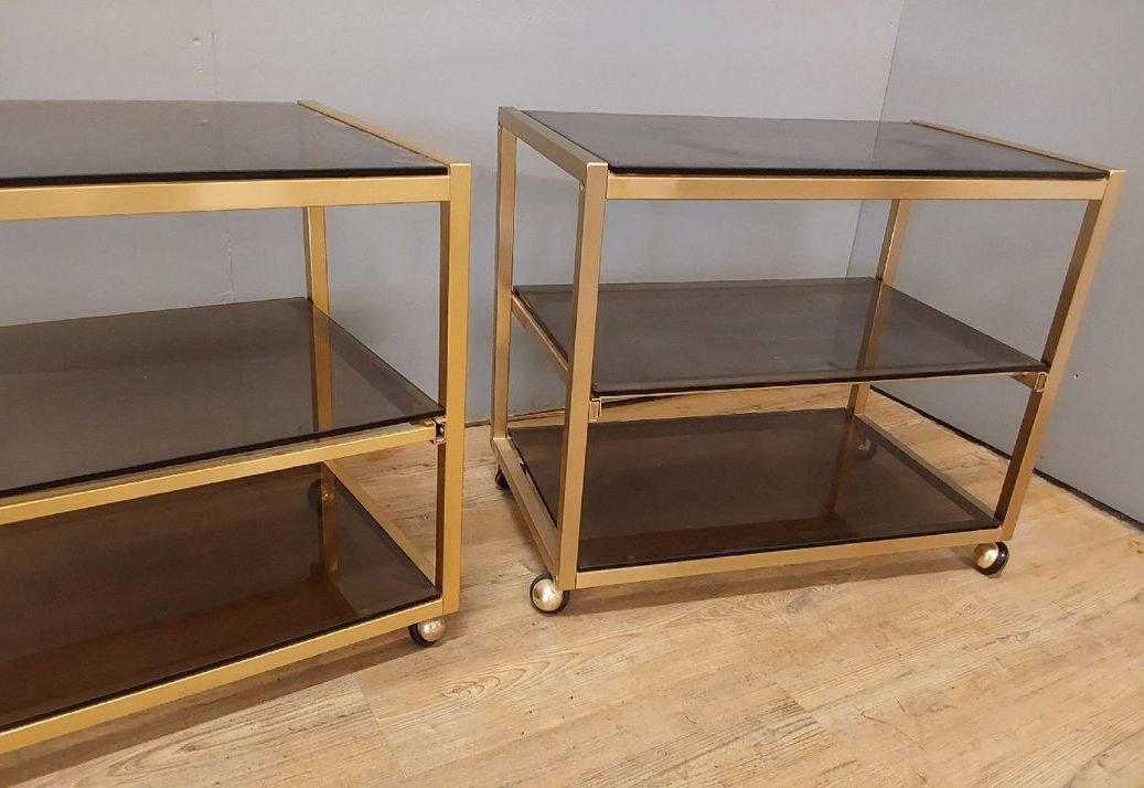 Italy 1970: 2 Trolley Tables On Wheels In Gold Metal And Tinted Glass-photo-3