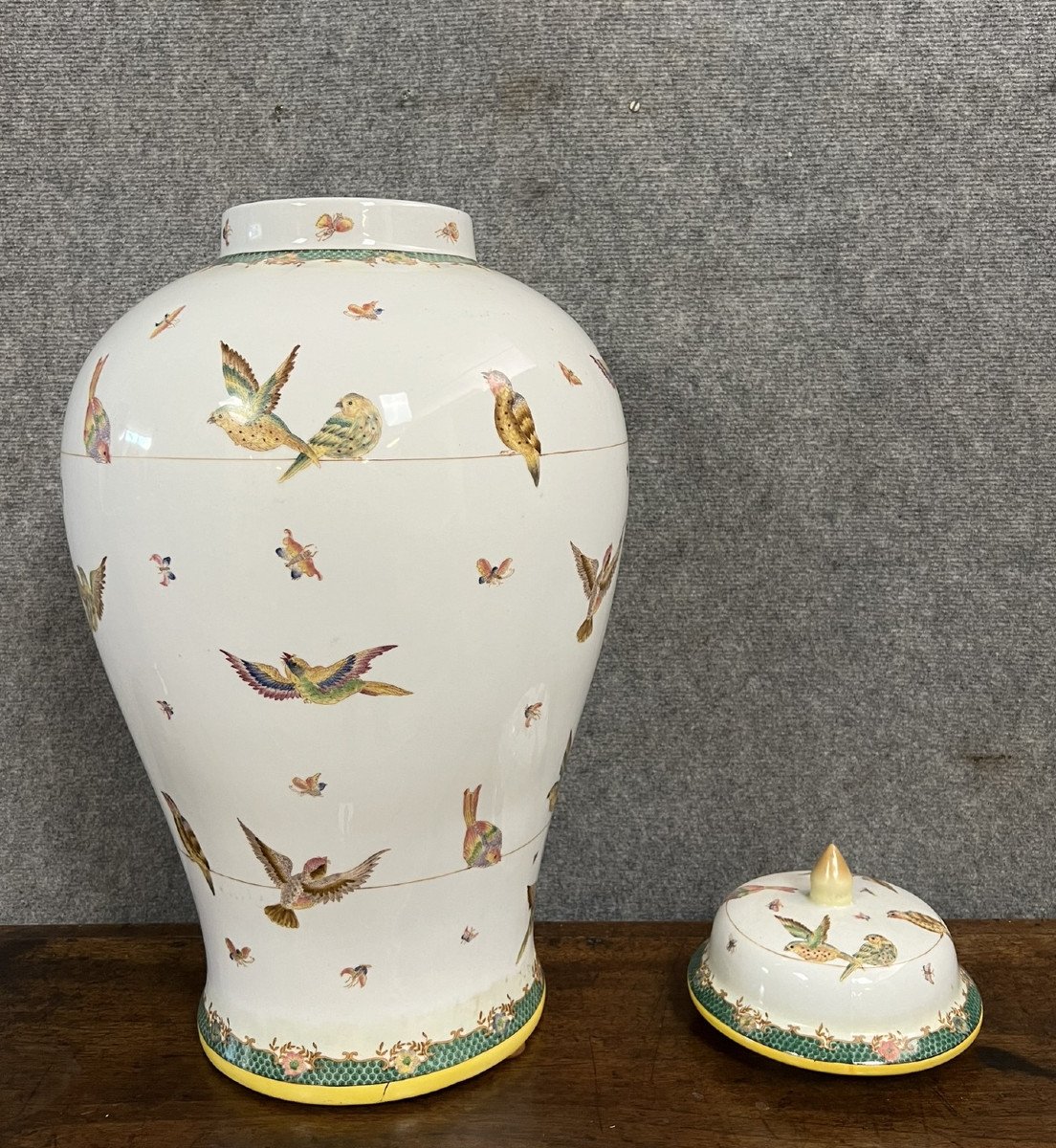 China Circa 1900: Large Porcelain Covered Pot With Birds In Flight Decor-photo-5