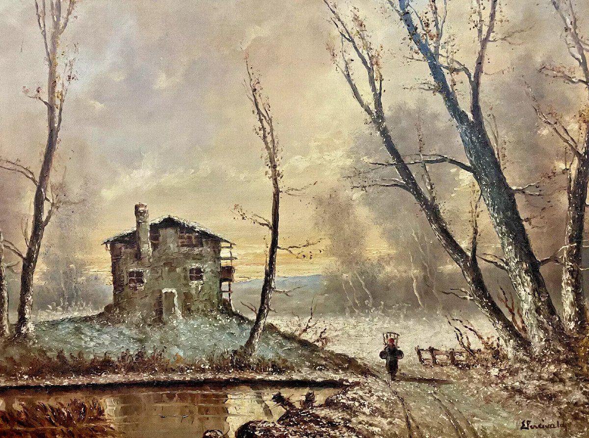 Italian School Circa 1900 - Large Oil On Panel Depicting A Lively Winter Landscape -photo-1