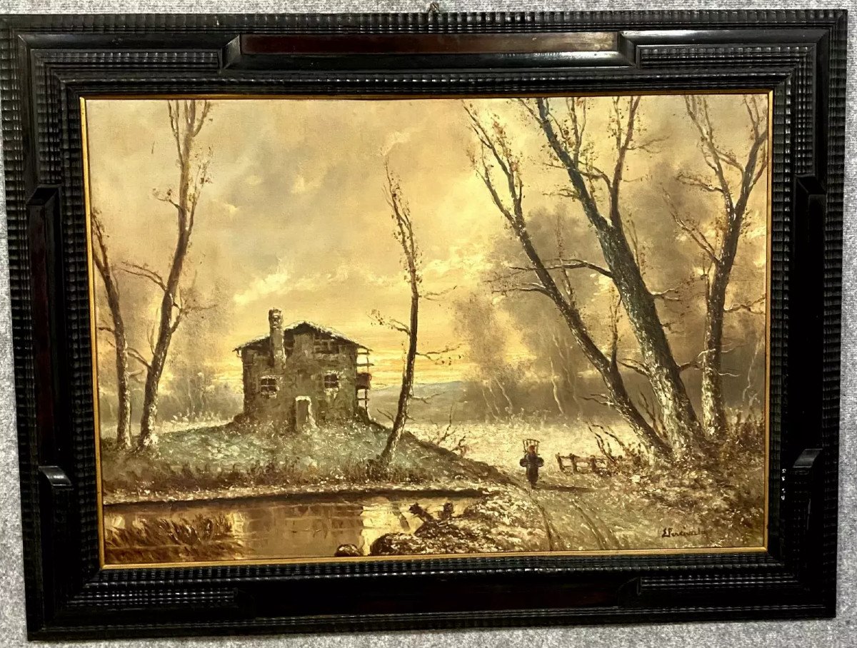 Italian School Circa 1900 - Large Oil On Panel Depicting A Lively Winter Landscape 