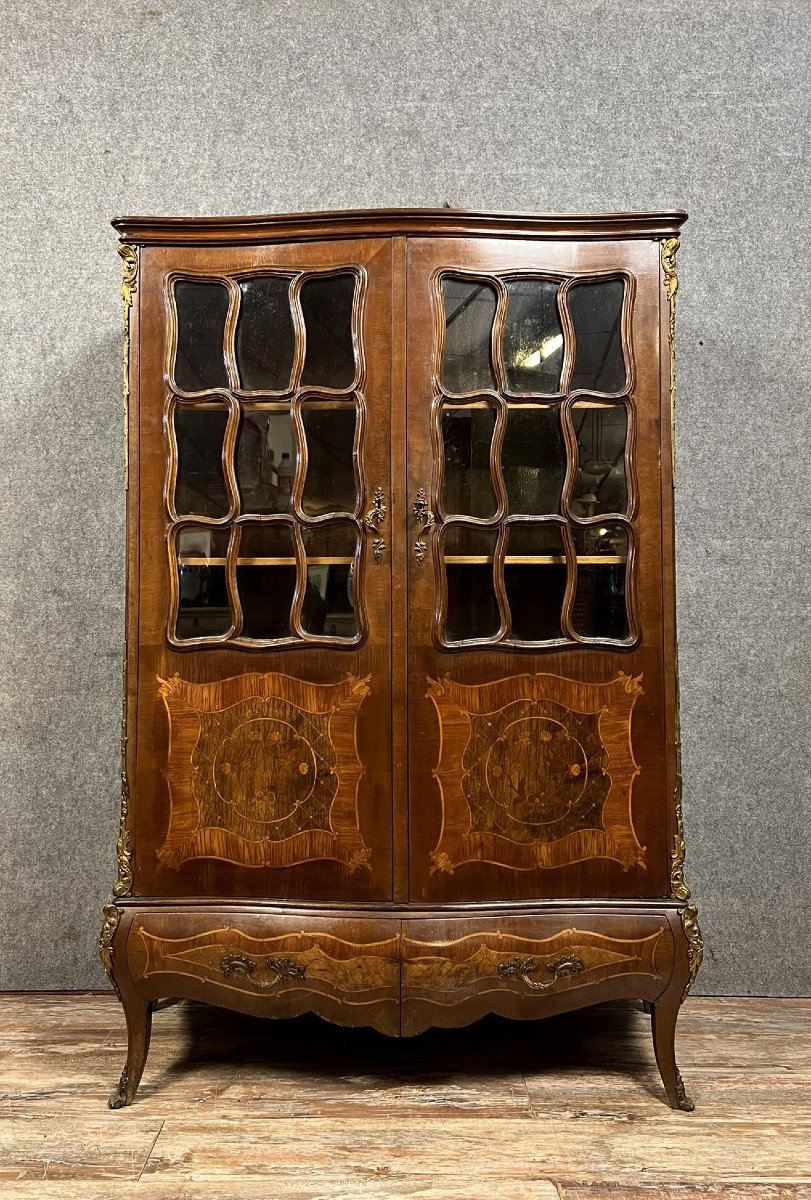 Louis XV Style Curved Marquetry Bookcase -photo-2