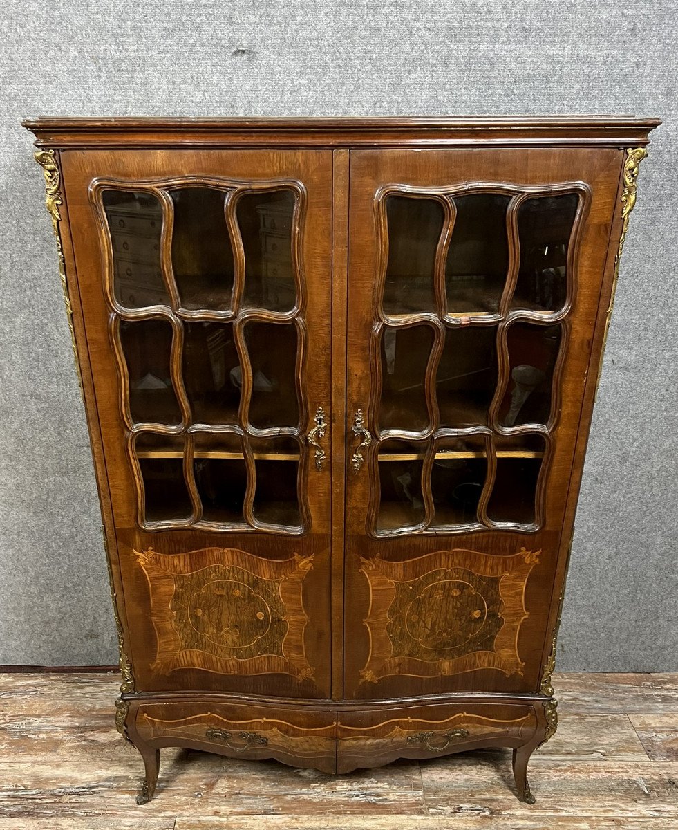 Louis XV Style Curved Marquetry Bookcase -photo-3