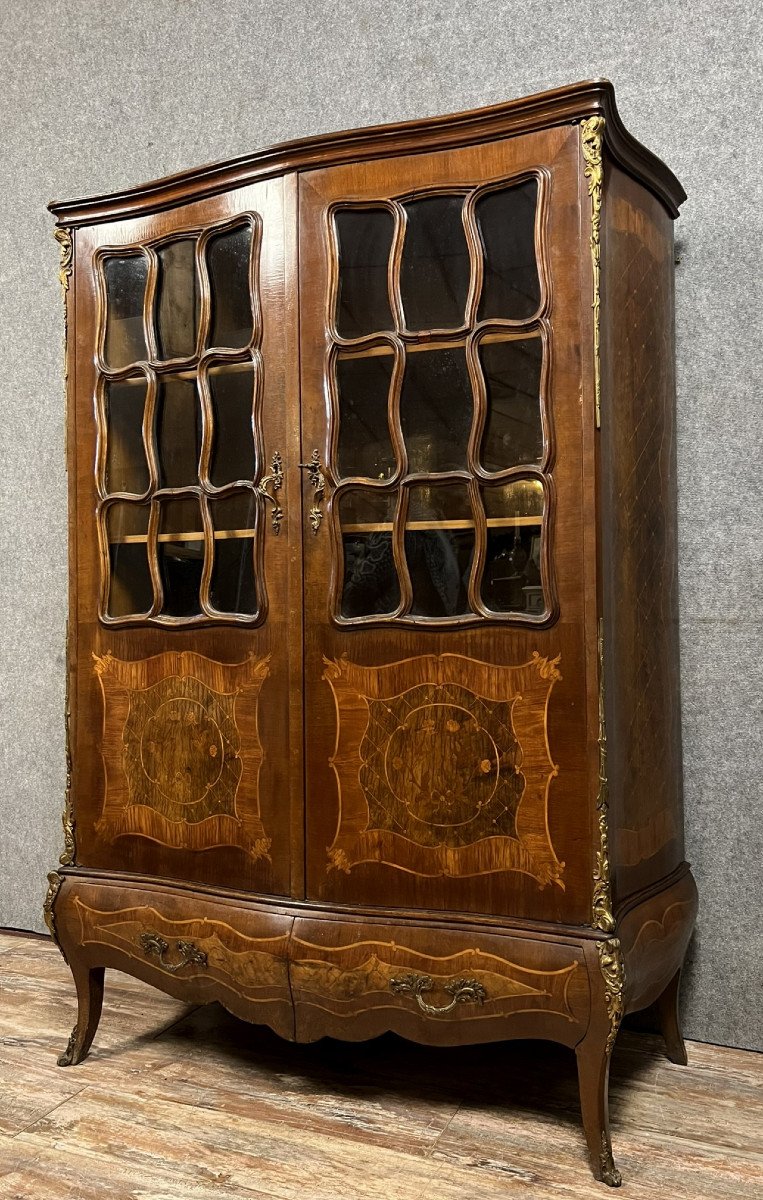 Louis XV Style Curved Marquetry Bookcase 