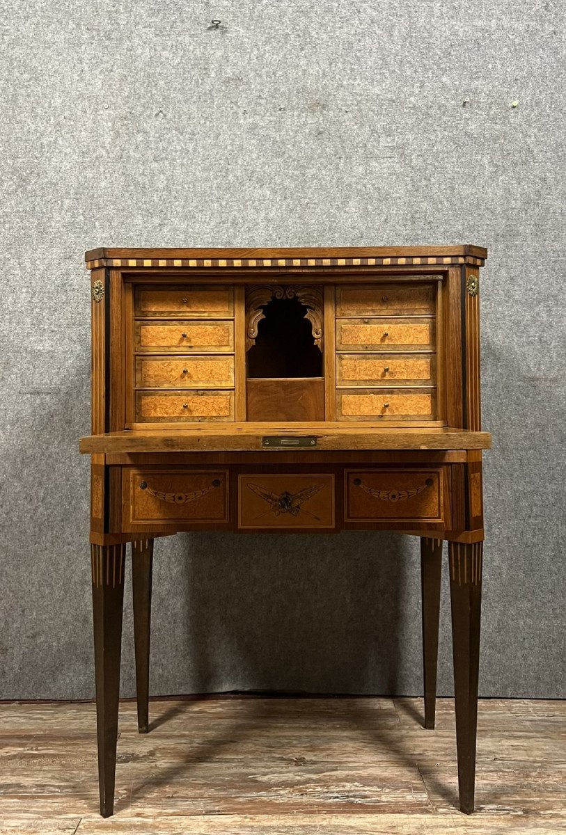 Bargueno Cabinet Secretary Louis XVI Style In Cube Marquetry -photo-4