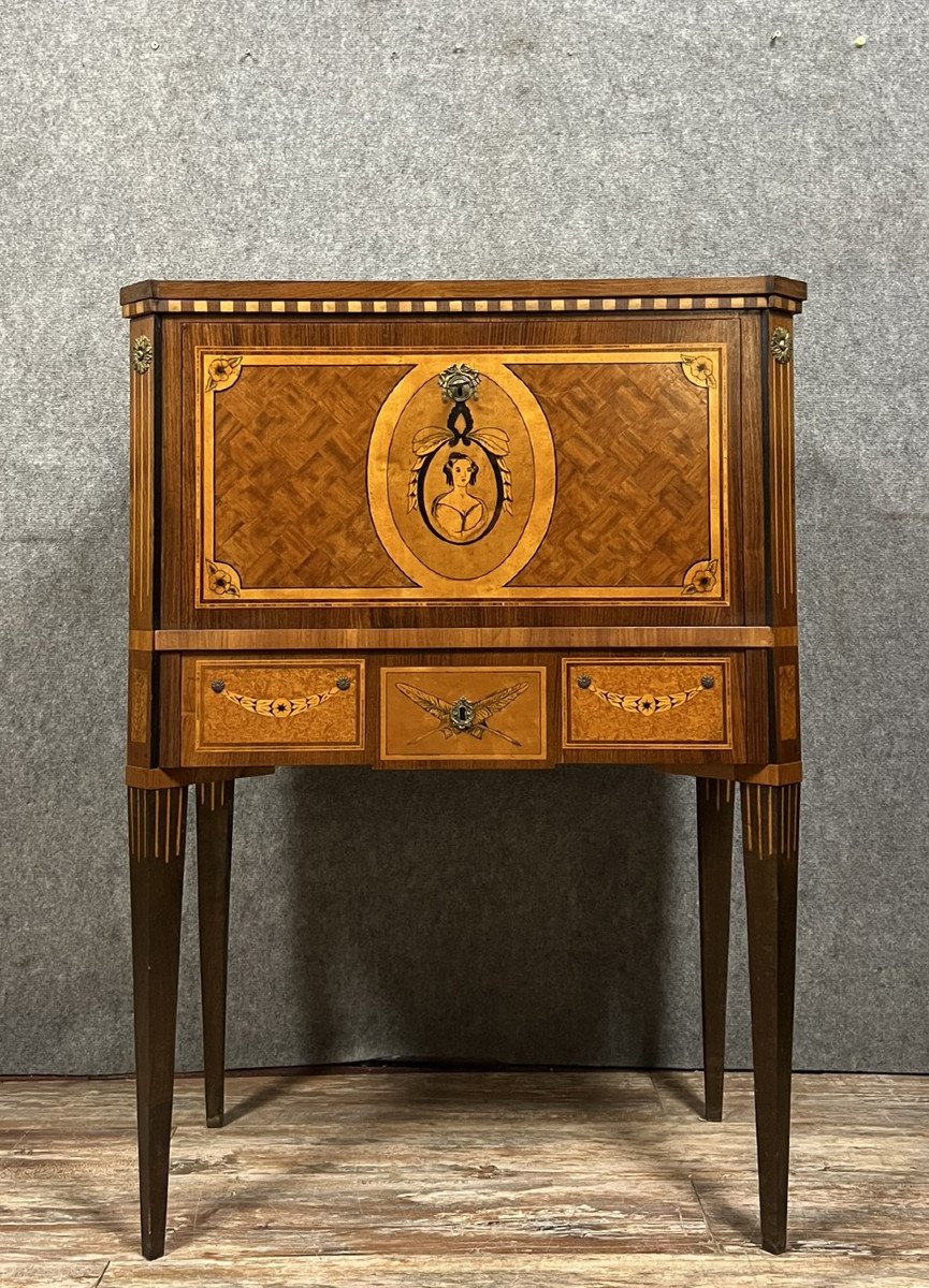 Bargueno Cabinet Secretary Louis XVI Style In Cube Marquetry 