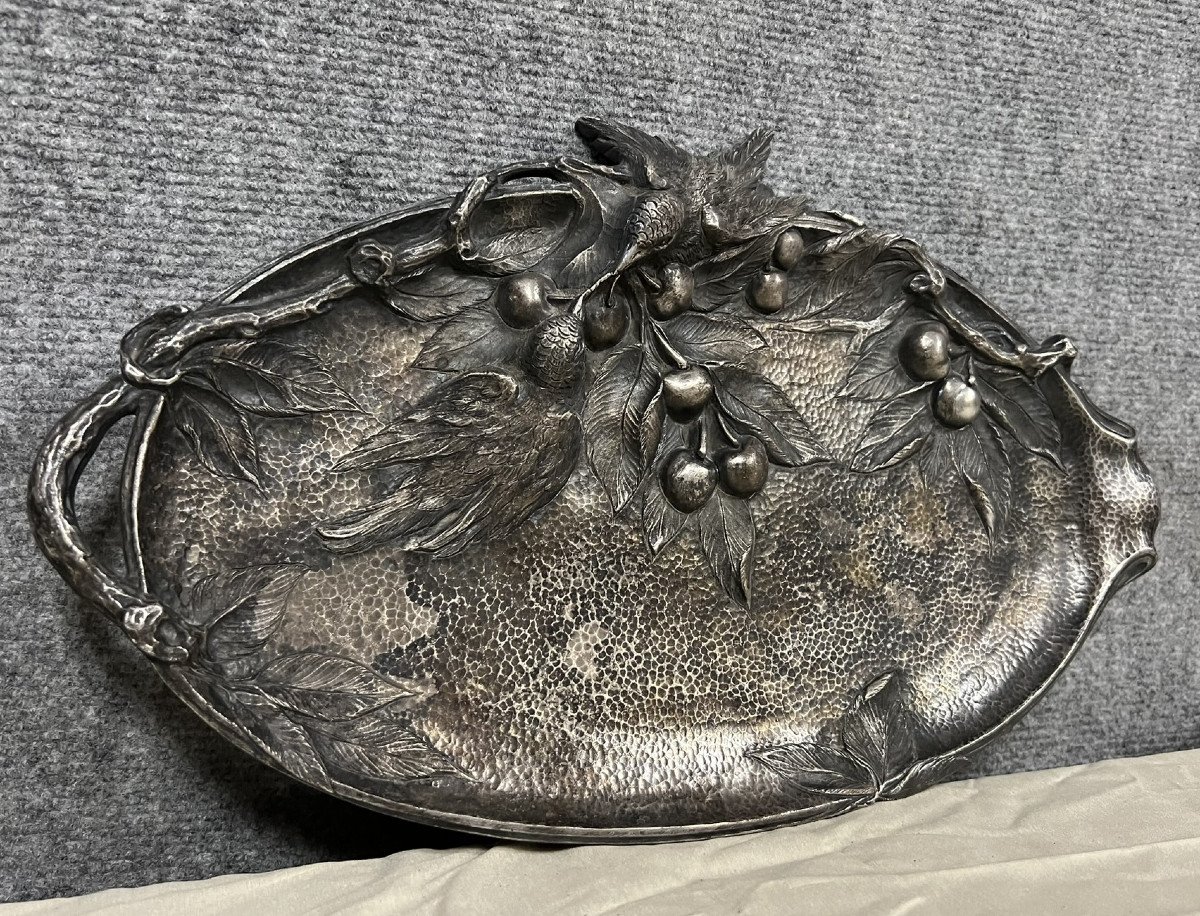 Important Vide Poche Aux Oiseaux Et Aux Cerises En Bronze Argenté époque Art Nouveau-photo-1