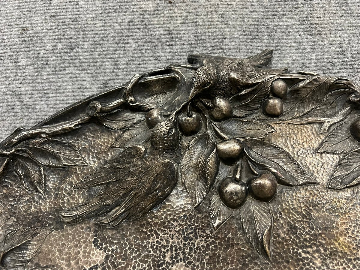 Important Vide Poche Aux Oiseaux Et Aux Cerises En Bronze Argenté époque Art Nouveau-photo-4