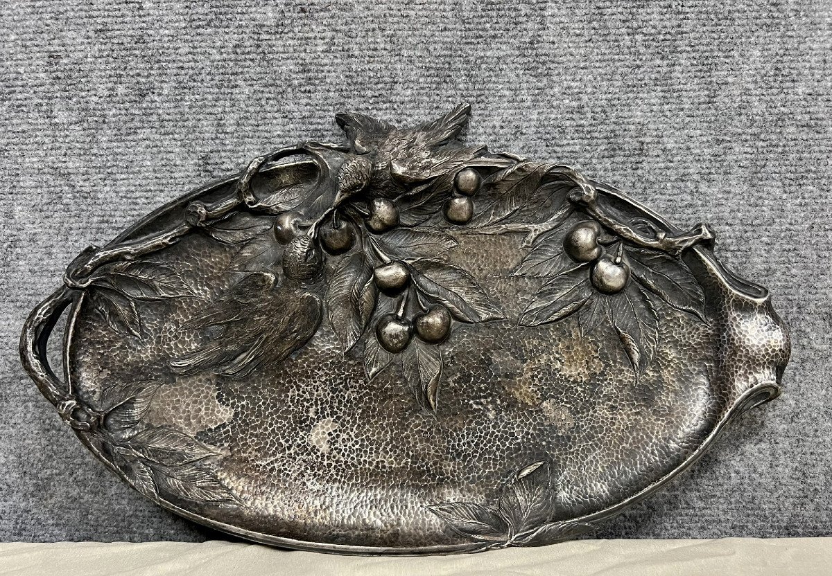 Important Vide Poche Aux Oiseaux Et Aux Cerises En Bronze Argenté époque Art Nouveau