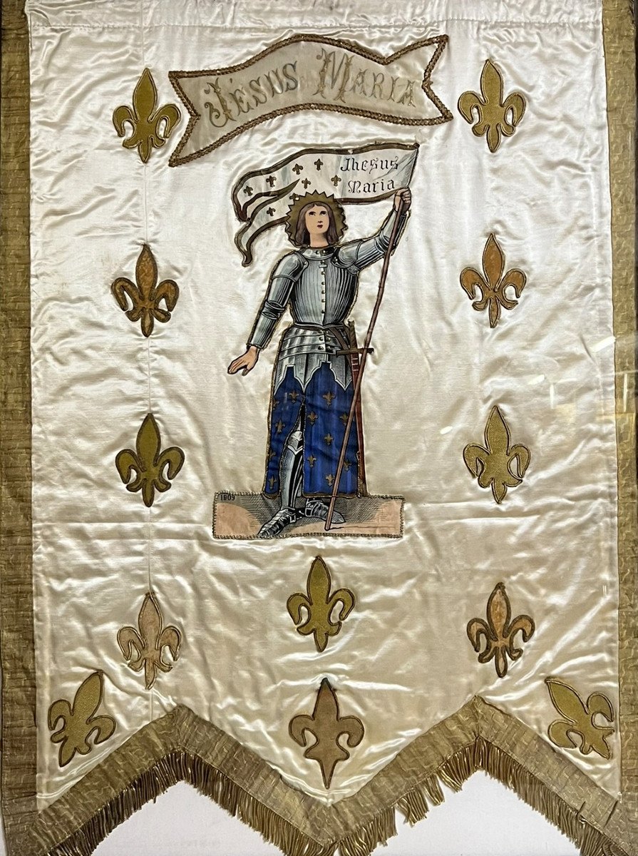 Large Framed Processional Banner Depicting Saint Joan Of Arc Full Length Facing Front -photo-2