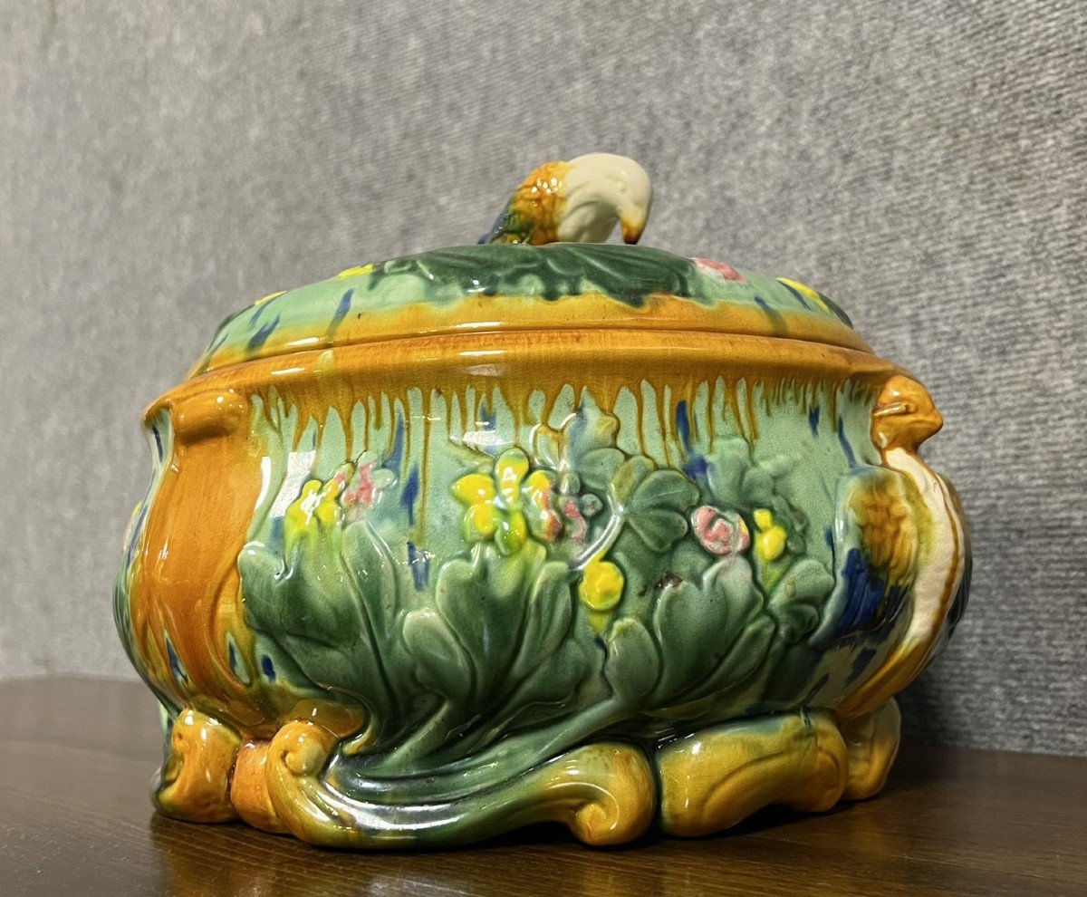 Parrot Soup Tureen In Colored Barbotine-photo-3