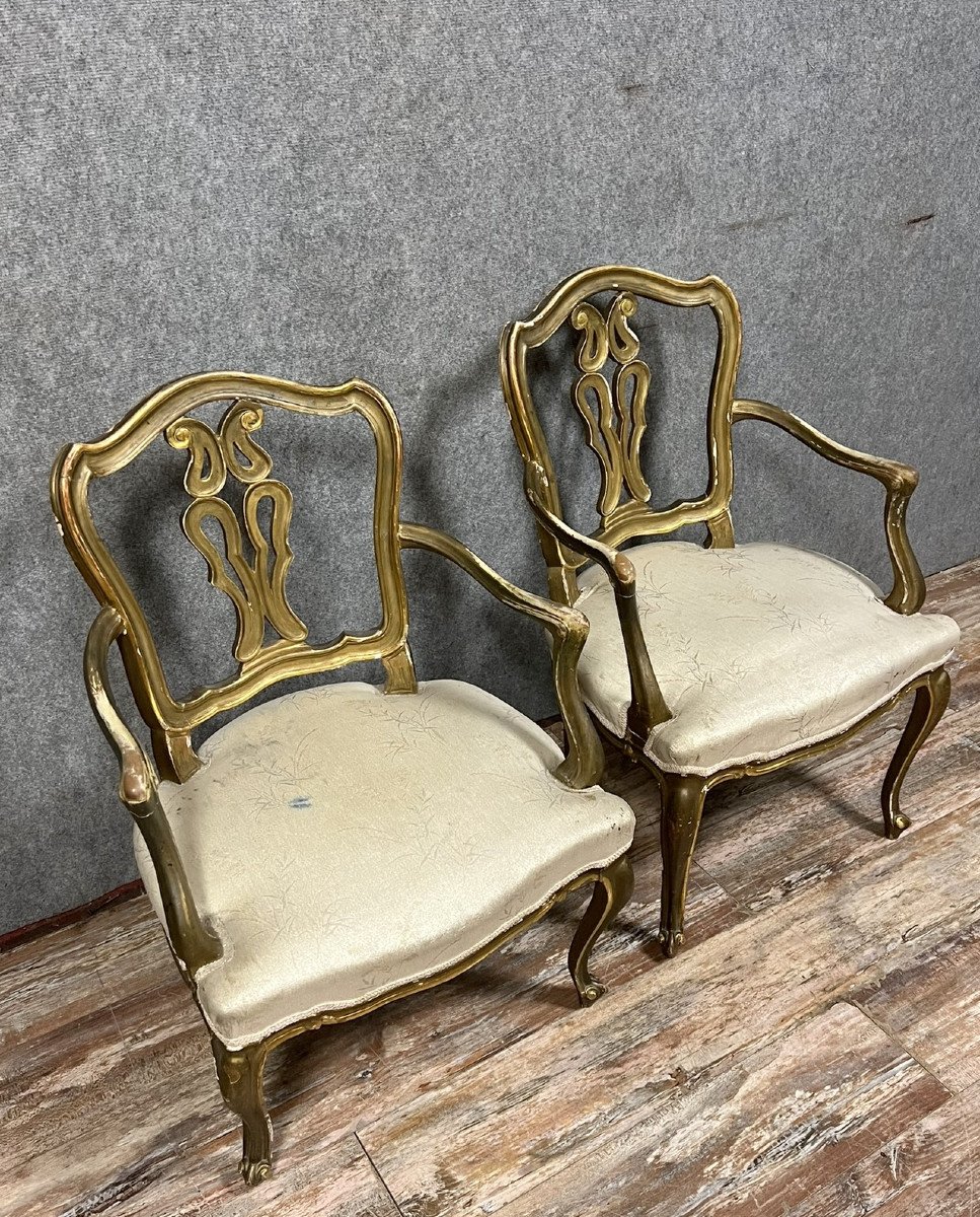 Pair Of Louis XV Style Venetian Armchairs In Gilded Wood -photo-2