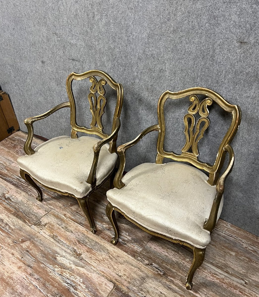 Pair Of Louis XV Style Venetian Armchairs In Gilded Wood -photo-3