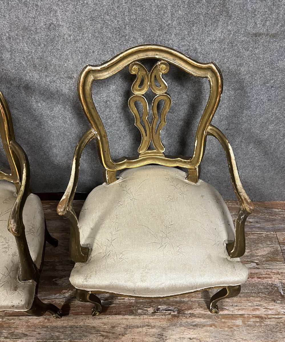 Pair Of Louis XV Style Venetian Armchairs In Gilded Wood -photo-4