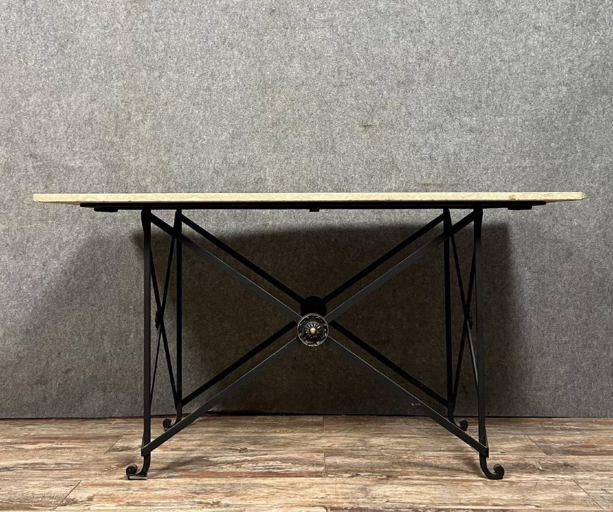 Art Deco Period Console In Iron And Carrara Marble 