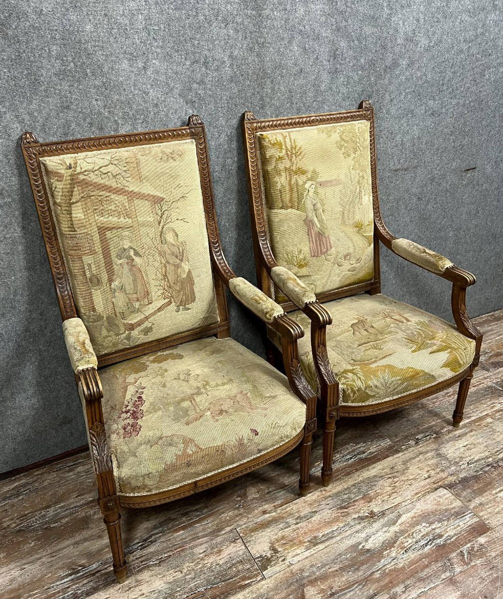 Paire De Fauteuils Bergères Style Louis XVI Avec Tapisserie Aux Fables De La Fontaine