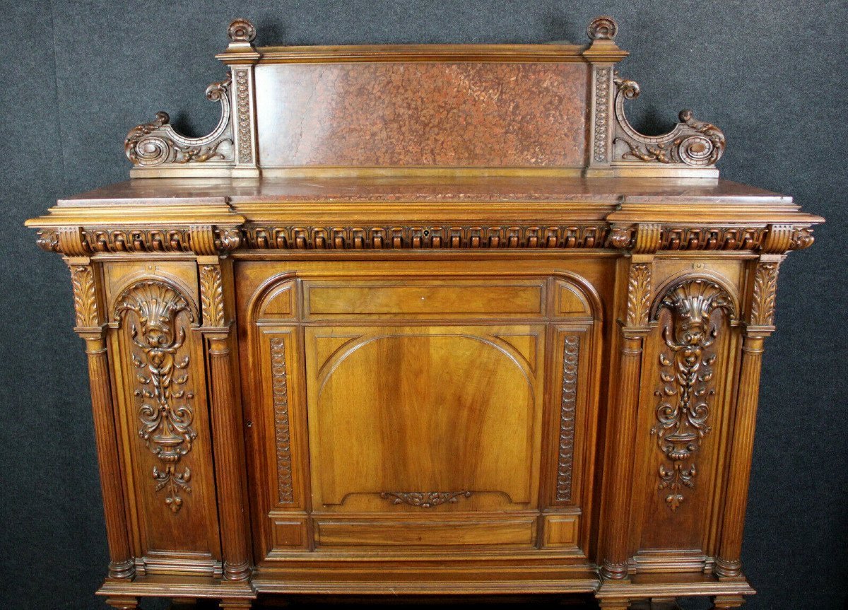 Renaissance Style Sideboard In Walnut And Griotte Marble Backing-photo-5