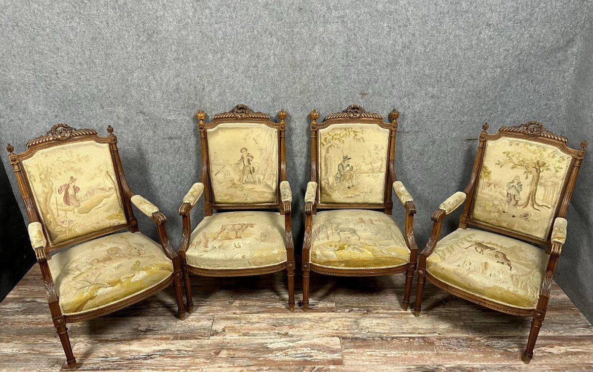 Set Of 4 Louis XVI Armchairs With Tapestry Of La Fontaine's Fables