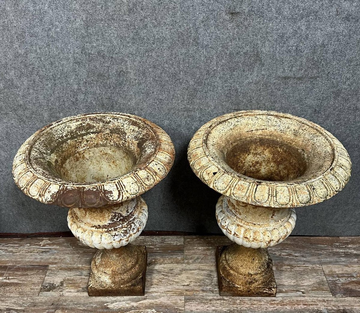 Very Large Pair Of Painted Cast Iron Medici Vases -photo-1