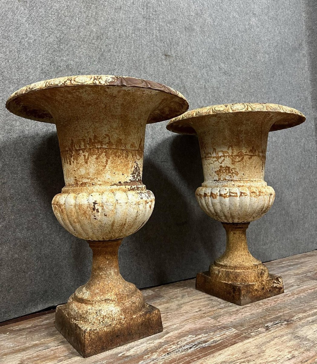 Very Large Pair Of Painted Cast Iron Medici Vases -photo-2