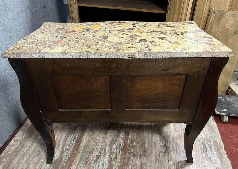 Commode Sauteuse Galbée Estampillée En Marqueterie De Bois Précieux Style Louis XV Vers 1850-photo-4