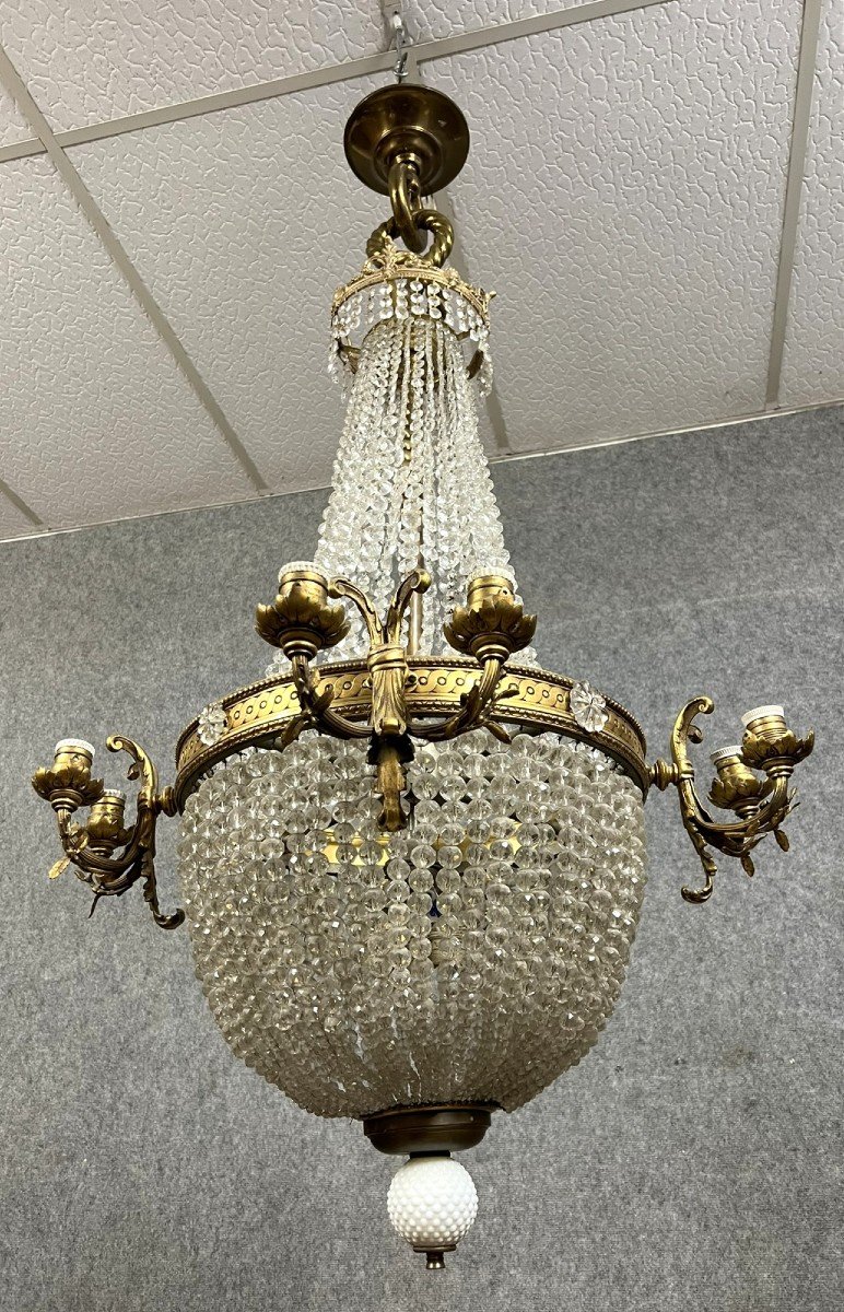 Monumental Lustre Montgolfière ép Napoléon III En Bronze Doré Et Cristal Vers 1880 / H 138 Cm-photo-2