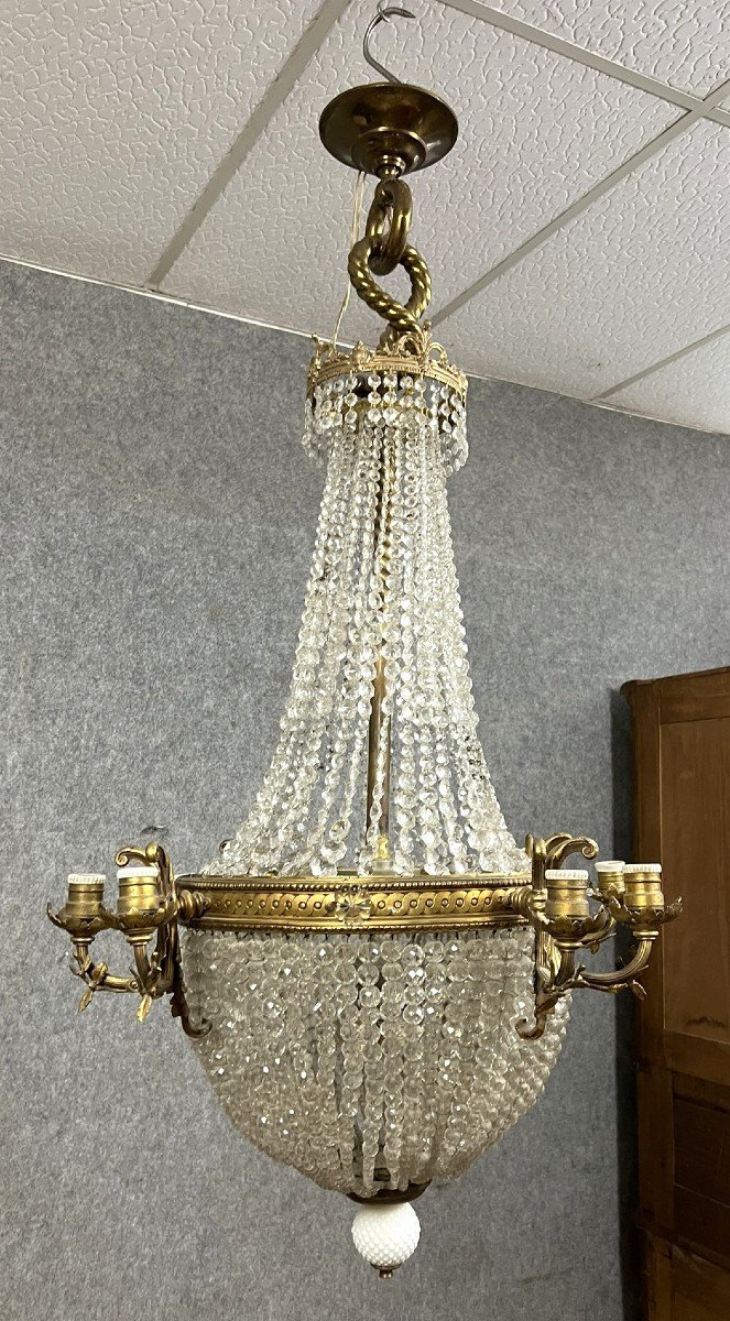 Monumental Lustre Montgolfière ép Napoléon III En Bronze Doré Et Cristal Vers 1880 / H 138 Cm