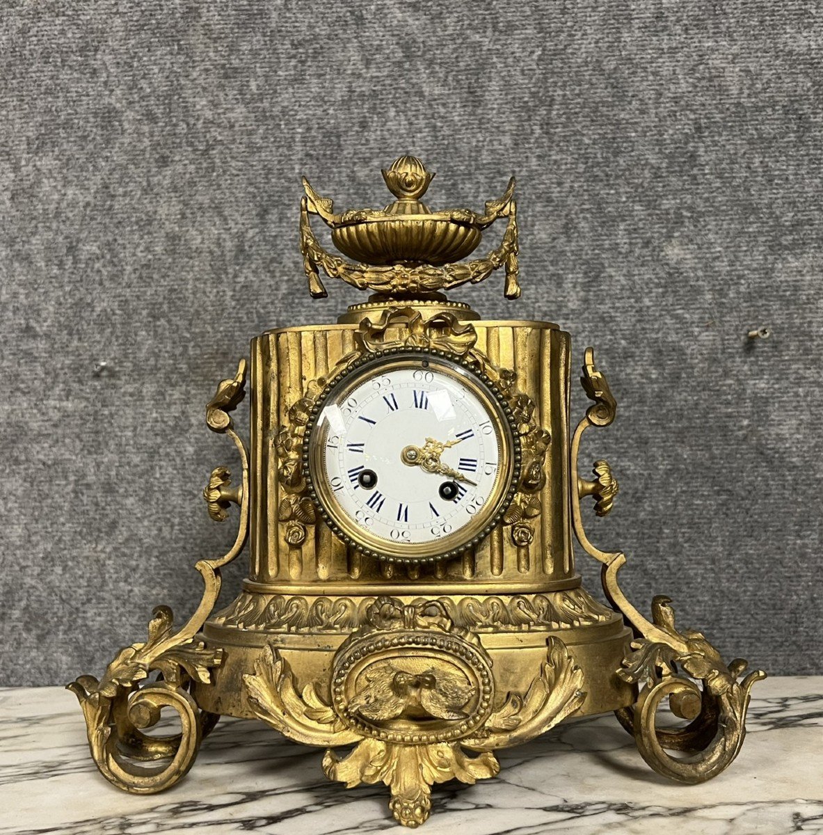 Louis XVI Style Clock With “birds Celebrating Love” In Gilt Bronze 