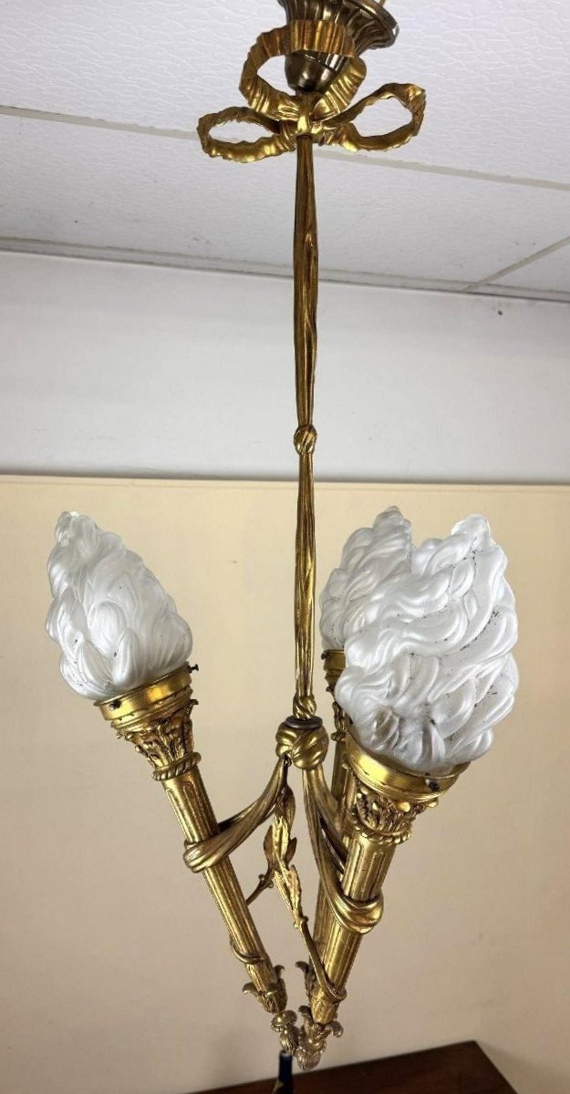 Louis XVI Style Gilt Bronze Chandelier With Three Torchiere Arms-photo-4