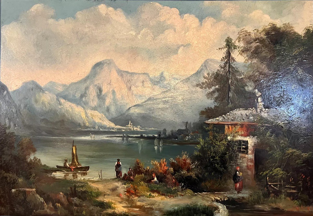 Large Painting Fixed Under Glass Depicting A Lake View With The Alps In The Background (b)-photo-1