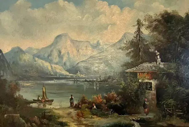 Large Painting Fixed Under Glass Depicting A Lake View With The Alps In The Background (b)-photo-2