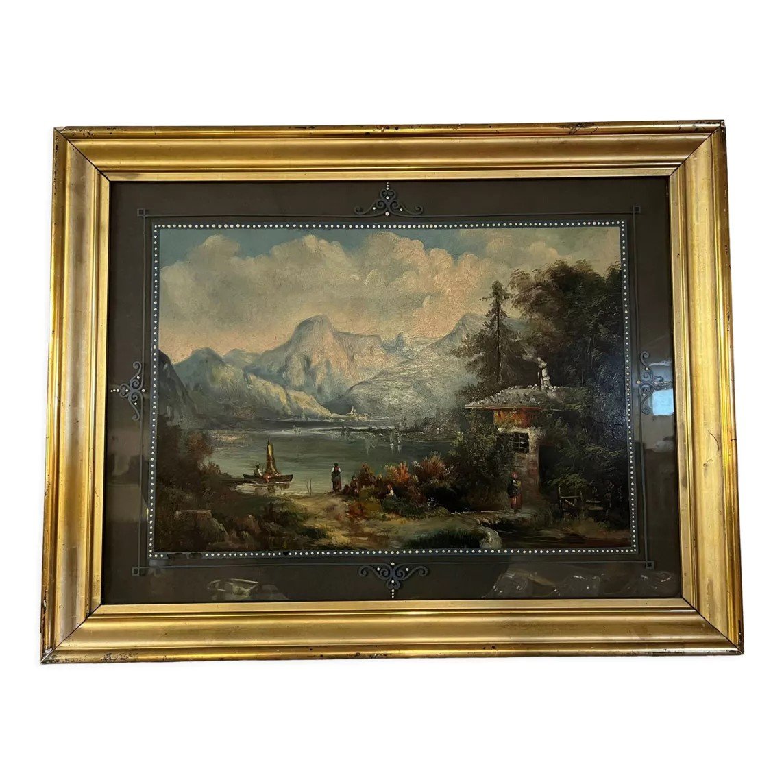 Large Painting Fixed Under Glass Depicting A Lake View With The Alps In The Background (b)-photo-3